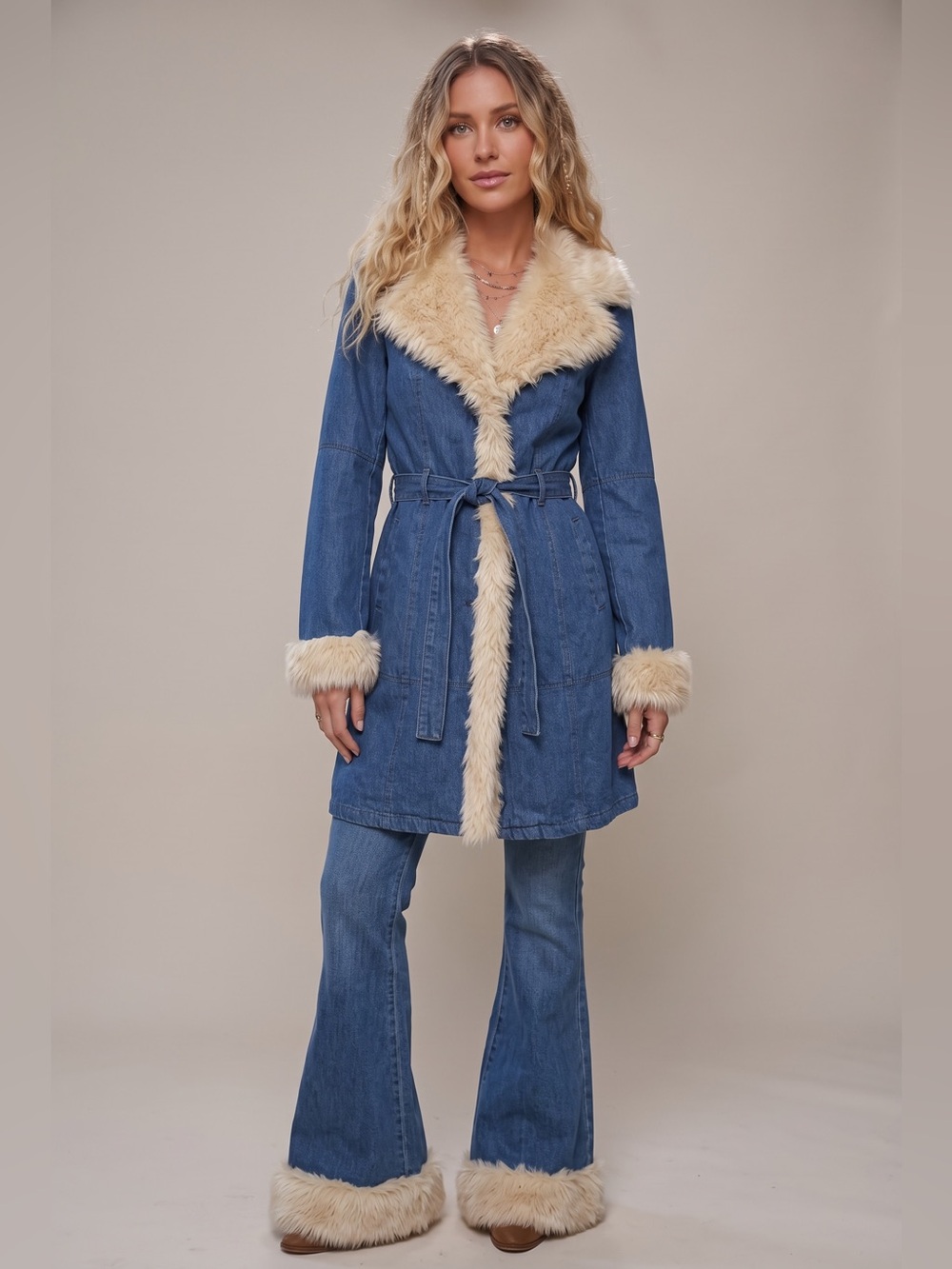 Penny Lane Denim Faux Fur Coat Blue Medium NWT Y2K
